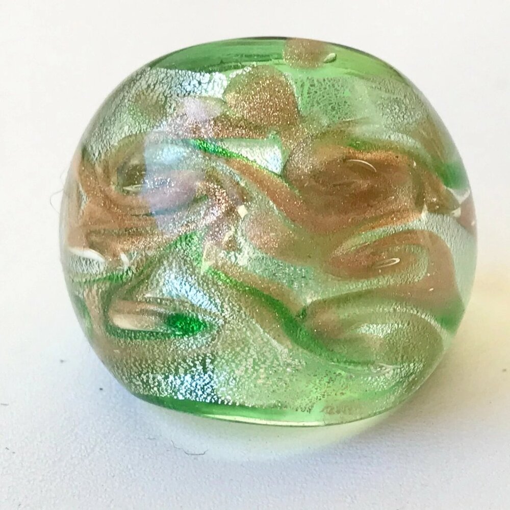 Murano Glass Dome Cocktail Ring Size 6 7 8 Green Silver Gold Metallic Vintage